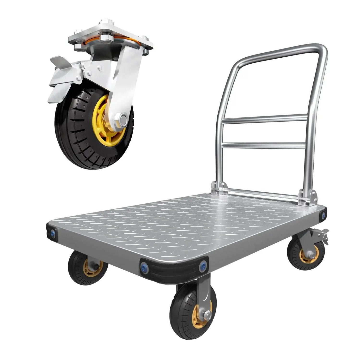 Heavy Duty Platform Truck And Flat Moving Cart With 2000 Lbs Capacity Steel Push Cart Dolly 36 By 24 Inch with caster wheel close-up