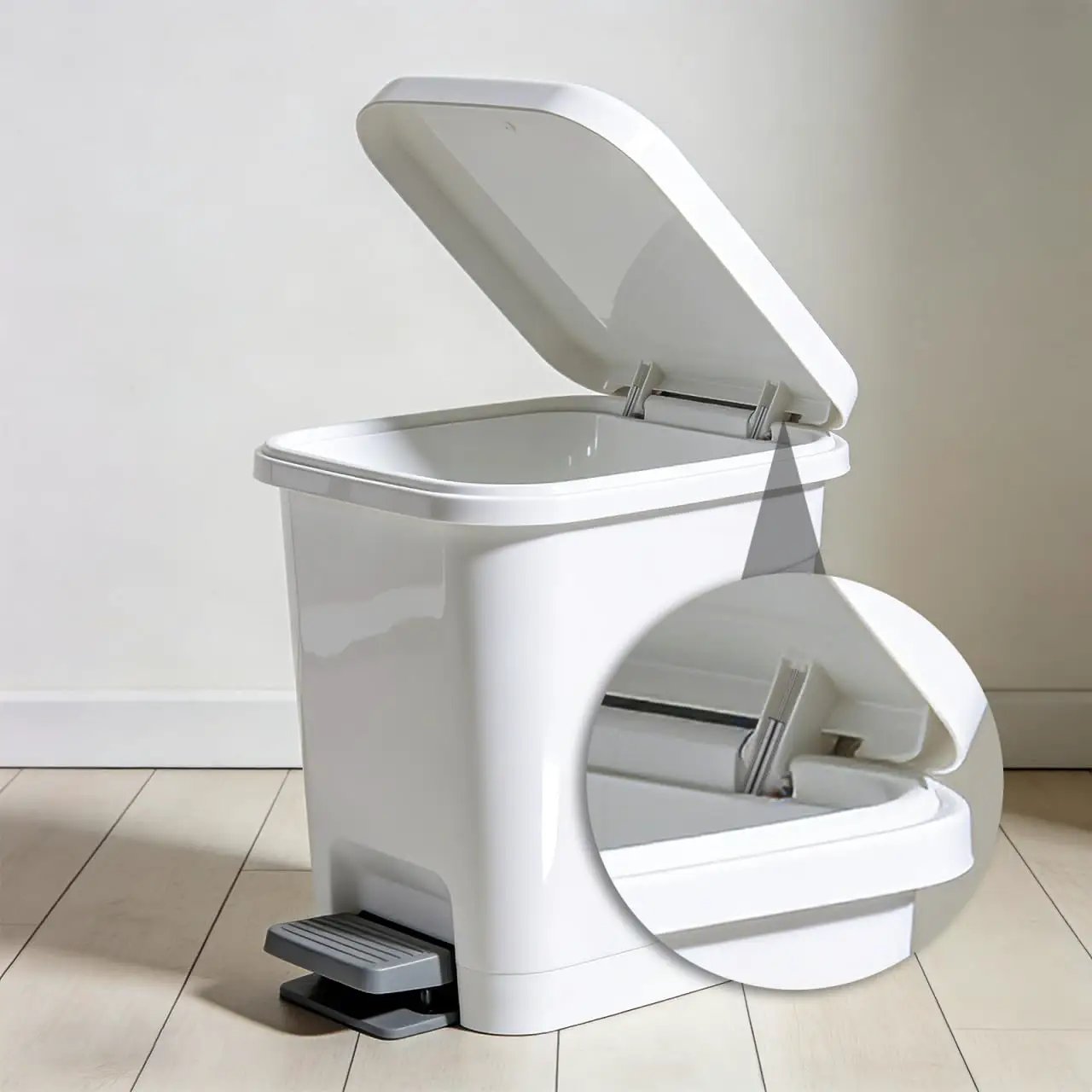 Open white trash can with focus on Soft Close Trash Can Dampers Pack Of 6 Replacement Hydraulic Dampers installed inside the lid.
