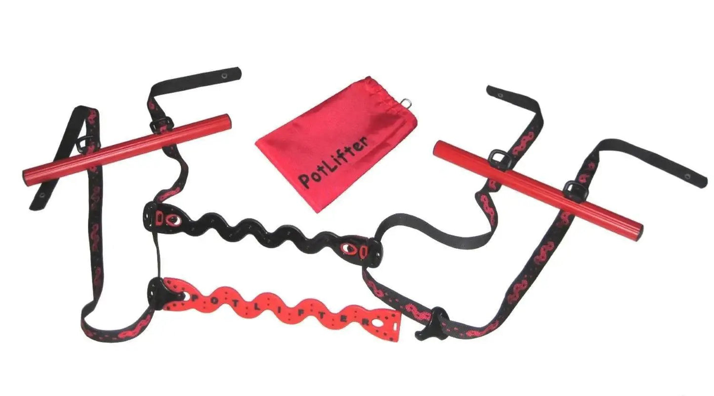 Two Person Potted Plant Lifter For Heavy Pots And Planters Up To 200 Pounds with red handles and straps
