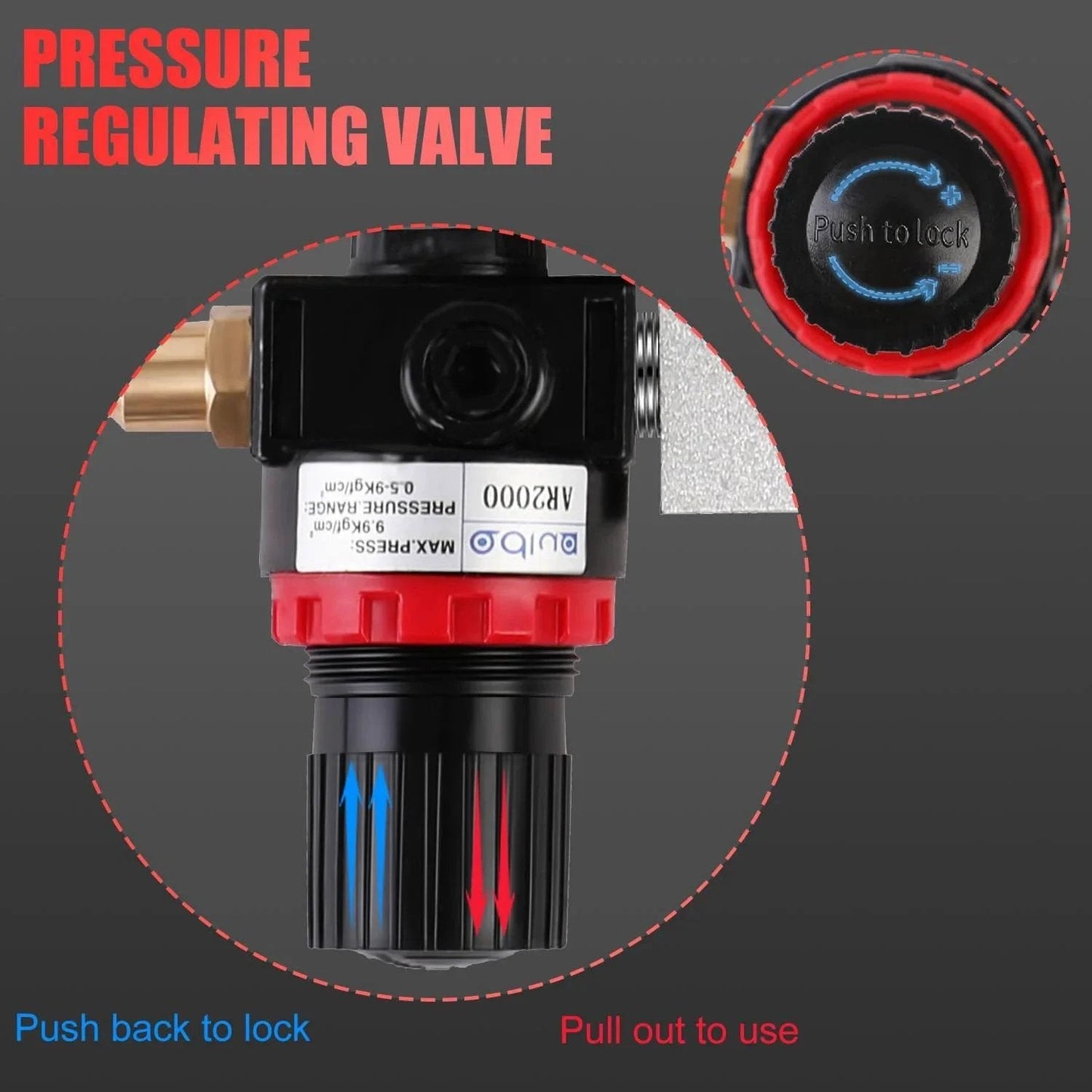 Cylinder Leak Down Tester Kit Pro Grade With Dual Pressure Gauges showing pressure regulating valve and push-lock mechanism.