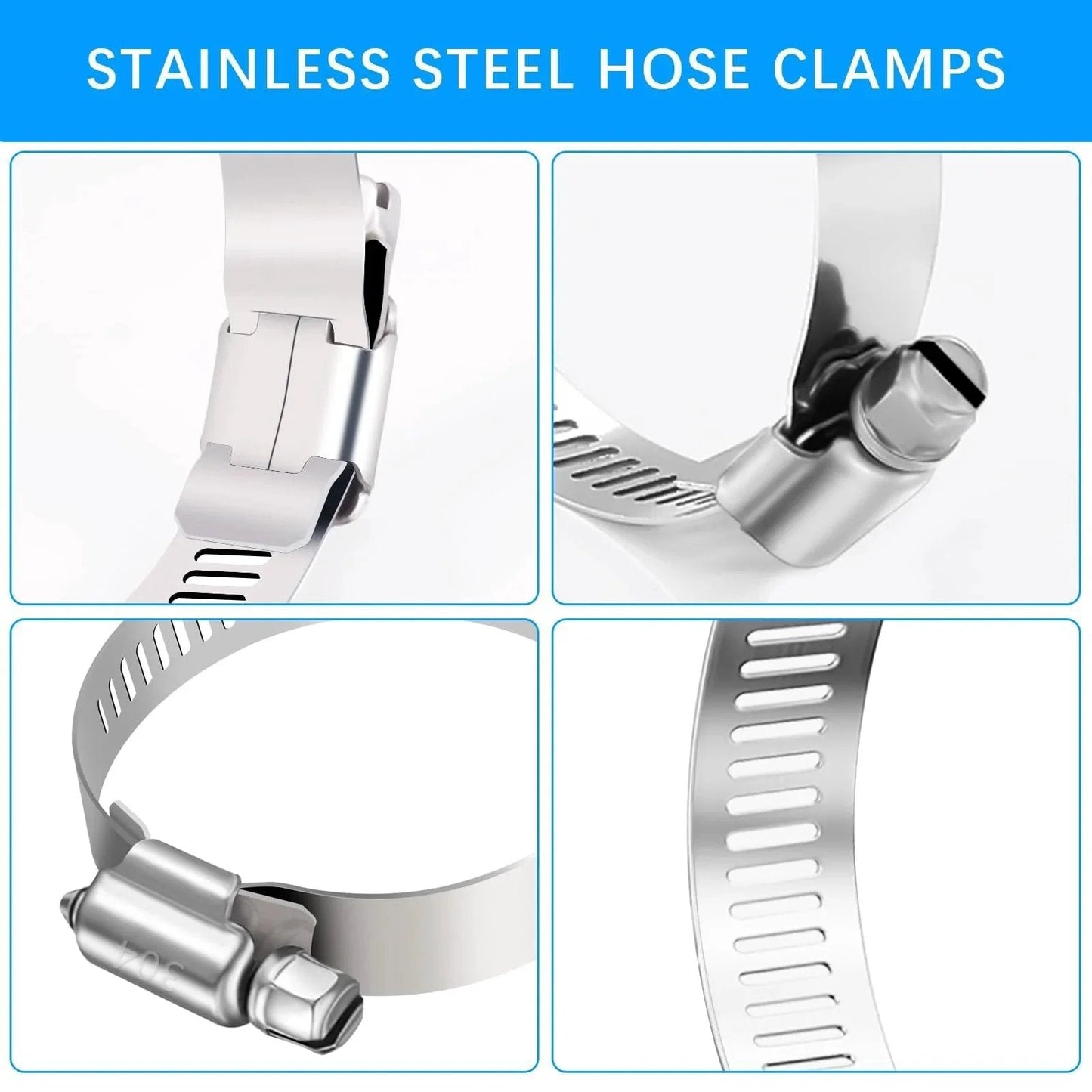 Close-up views of the 24 Piece Adjustable Stainless Steel Hose Clamps Set Ranging From One Quarter Inch To Two Inches Hose Clamp Assortment Kit.