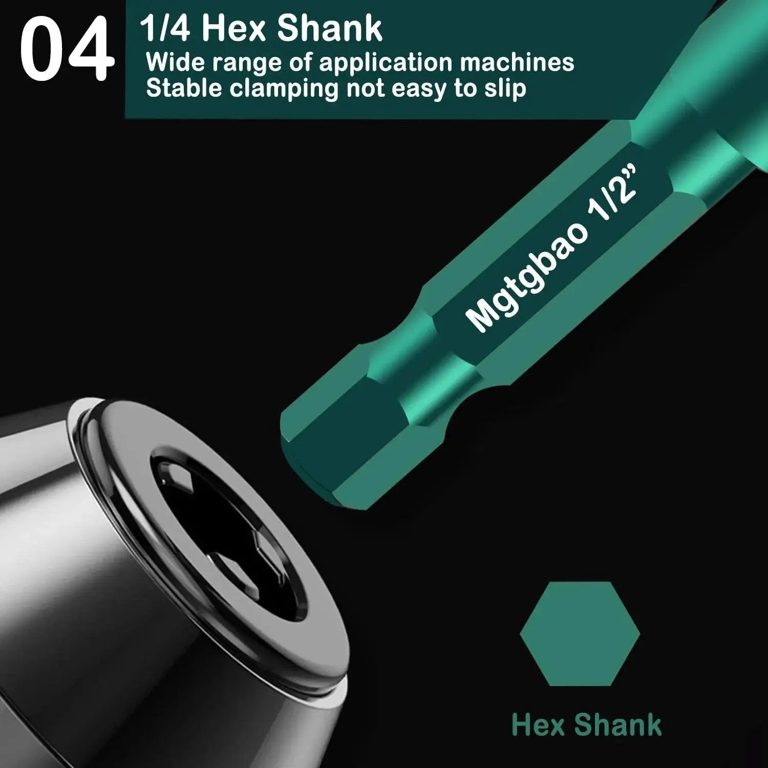 Close-up of green Mgtgbao 1/2 inch hex shank drill bit and chuck, part of Green Concrete Drill Bit Set By Mgtgbao, 10 PC Three Sixteenths Inch Masonry.