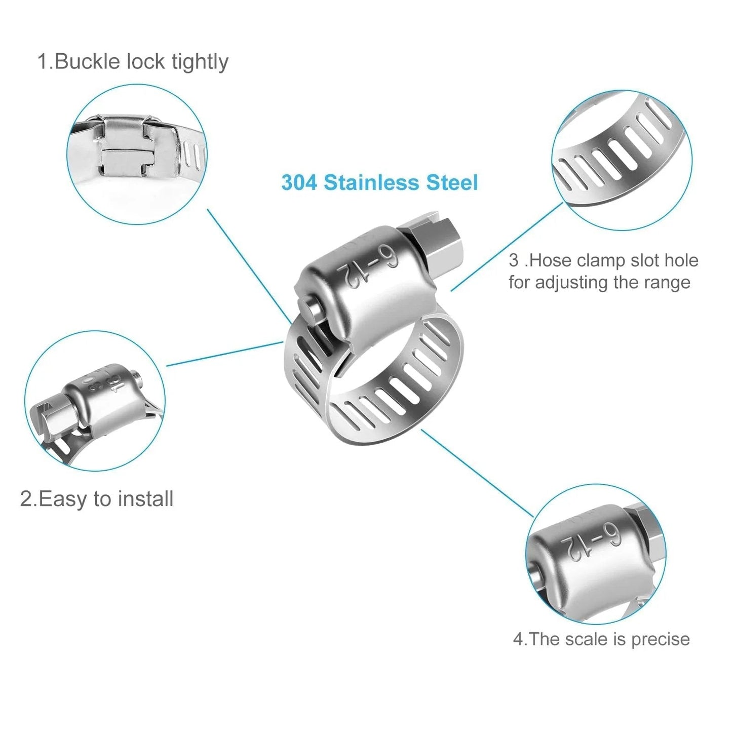 26 Piece Stainless Steel Hose Clamps Assortment Kit One Quarter To Two Inch Adjustable Worm Gear Clamps, features labeled
