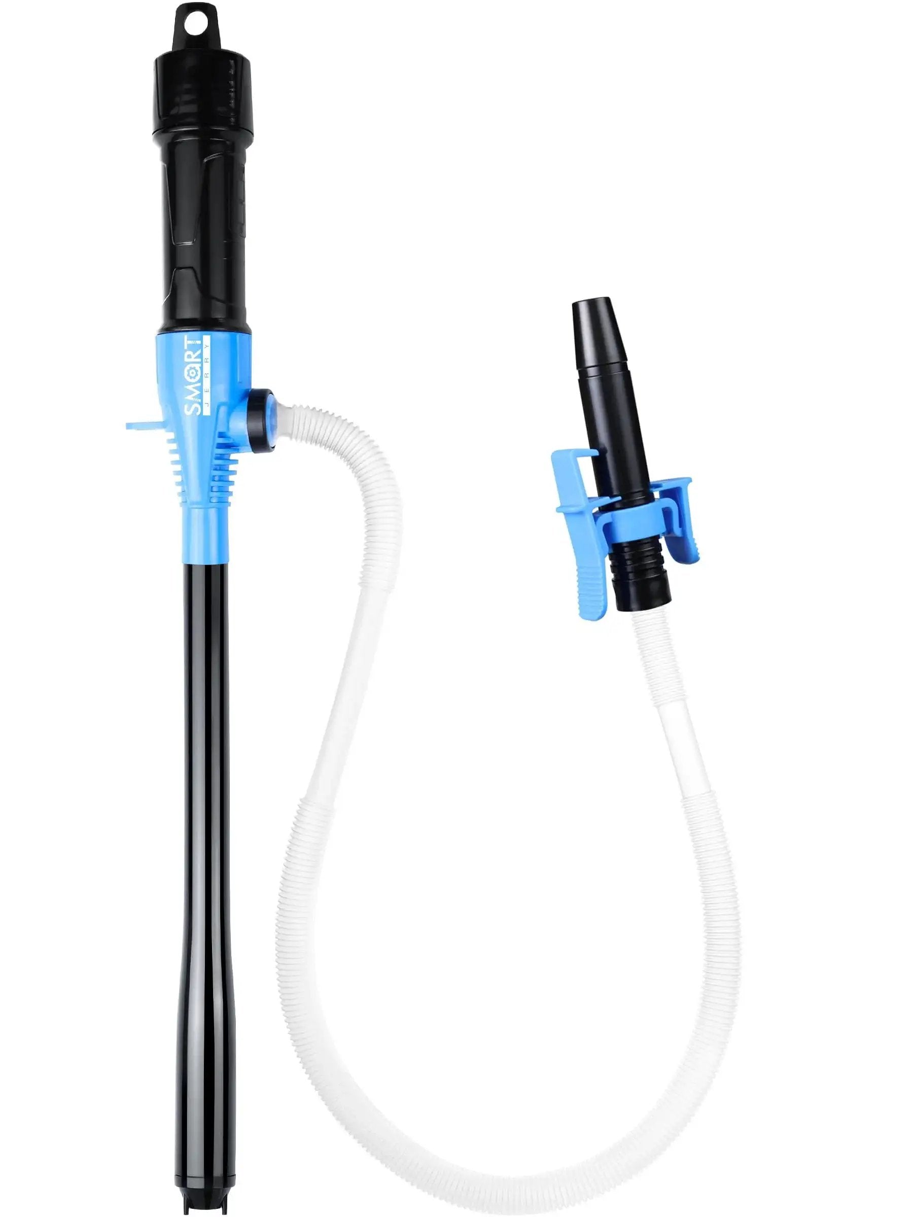 Battery Operated Oil Transfer Pump 3 GPM For Gasoline Diesel Water And More with black and blue design and hose attachment.