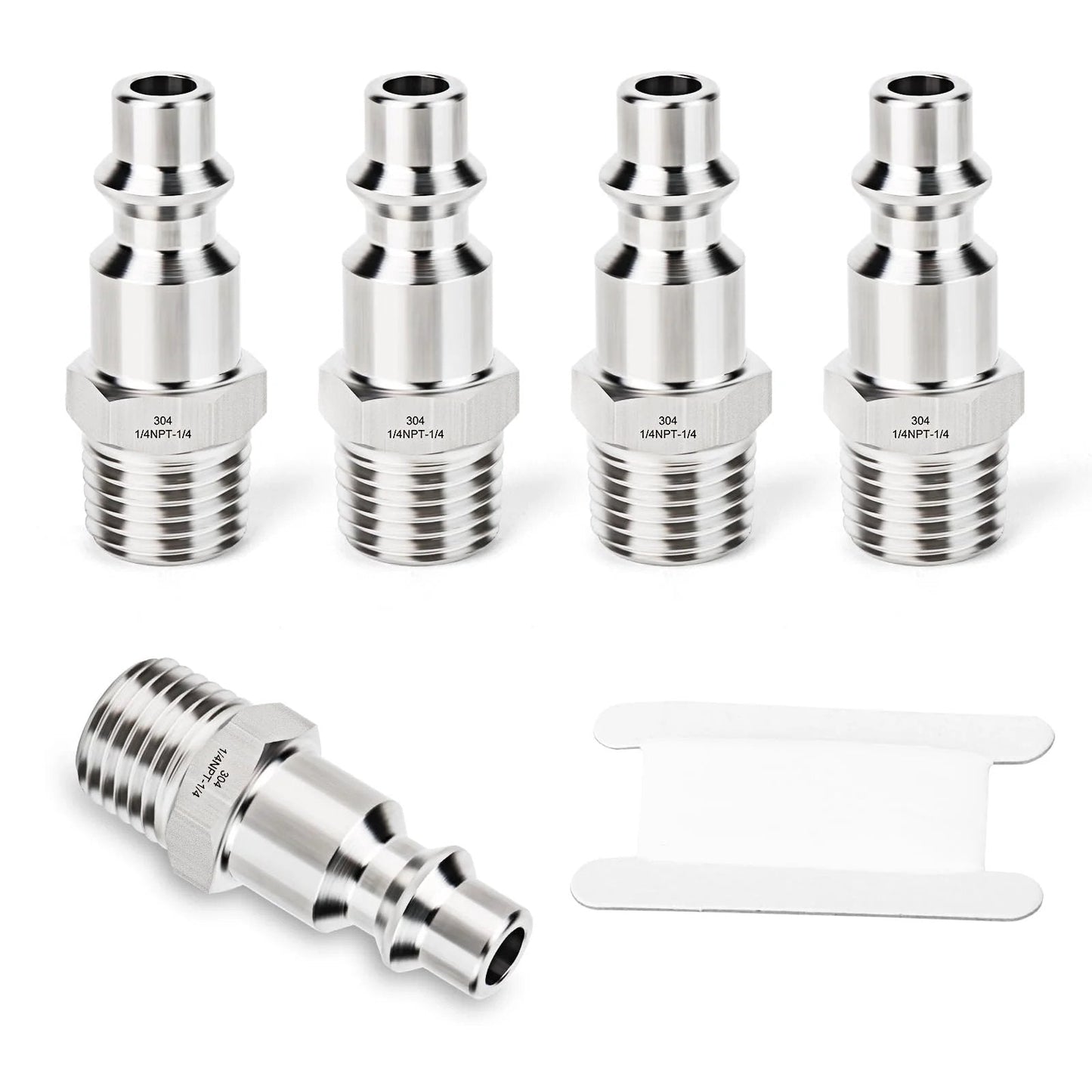 Five Pack Industrial Air Plugs In 304 Stainless Steel One Quarter Inch MNPT Threads For High Flow Pneumatic Systems