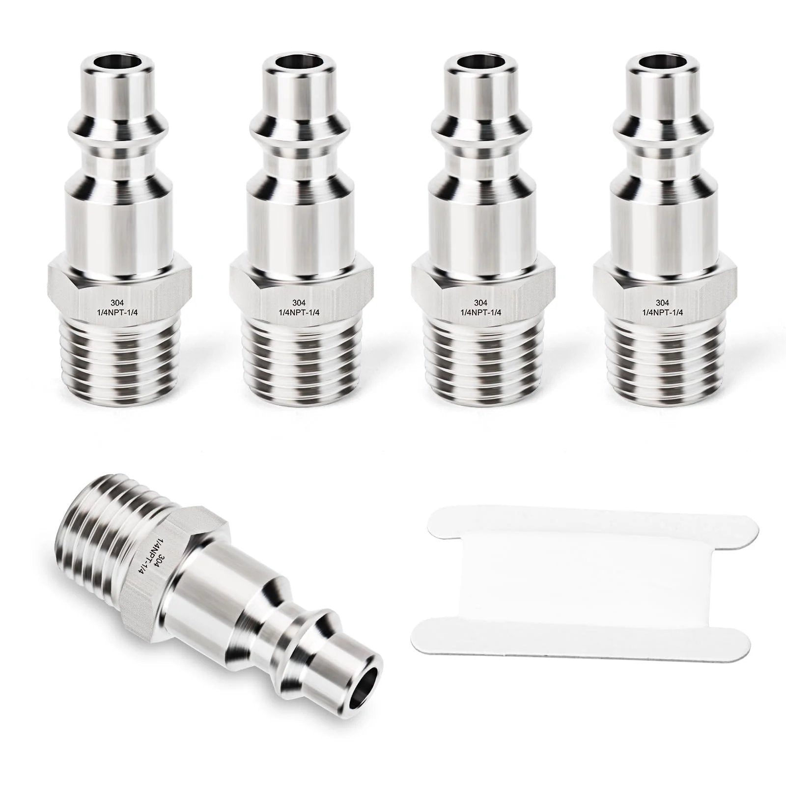 Five Pack Industrial Air Plugs In 304 Stainless Steel One Quarter Inch MNPT Threads For High Flow Pneumatic Systems