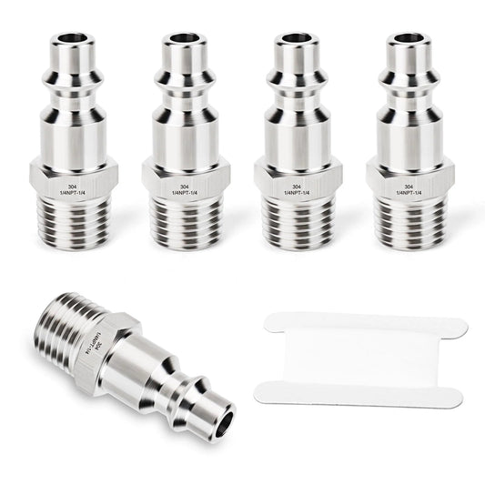 Five Pack Industrial Air Plugs In 304 Stainless Steel One Quarter Inch MNPT Threads For High Flow Pneumatic Systems