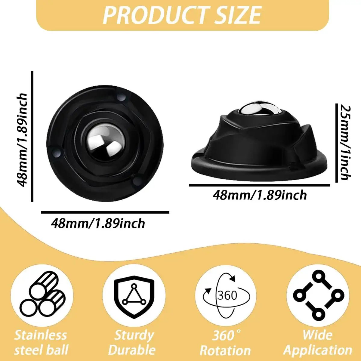 Dimensions image of 1 Inch Self Adhesive Caster Wheels With Low Profile 360 Degree Swivel Stainless Steel Rollers For Furniture, Appliances, Storage And Mop Buckets, Each Wheel Supports Up To 28 Lbs, Black Finish, 4 Pack.