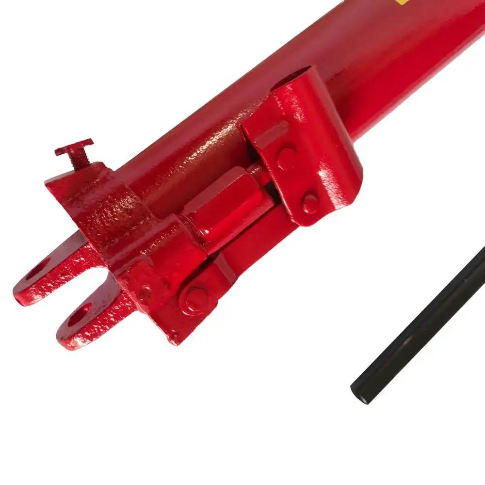 Close-up of red 8 Ton Hydraulic Long Ram Jack With Clevis Base For Engine Hoists And Cranes, showing clevis attachment and handle.
