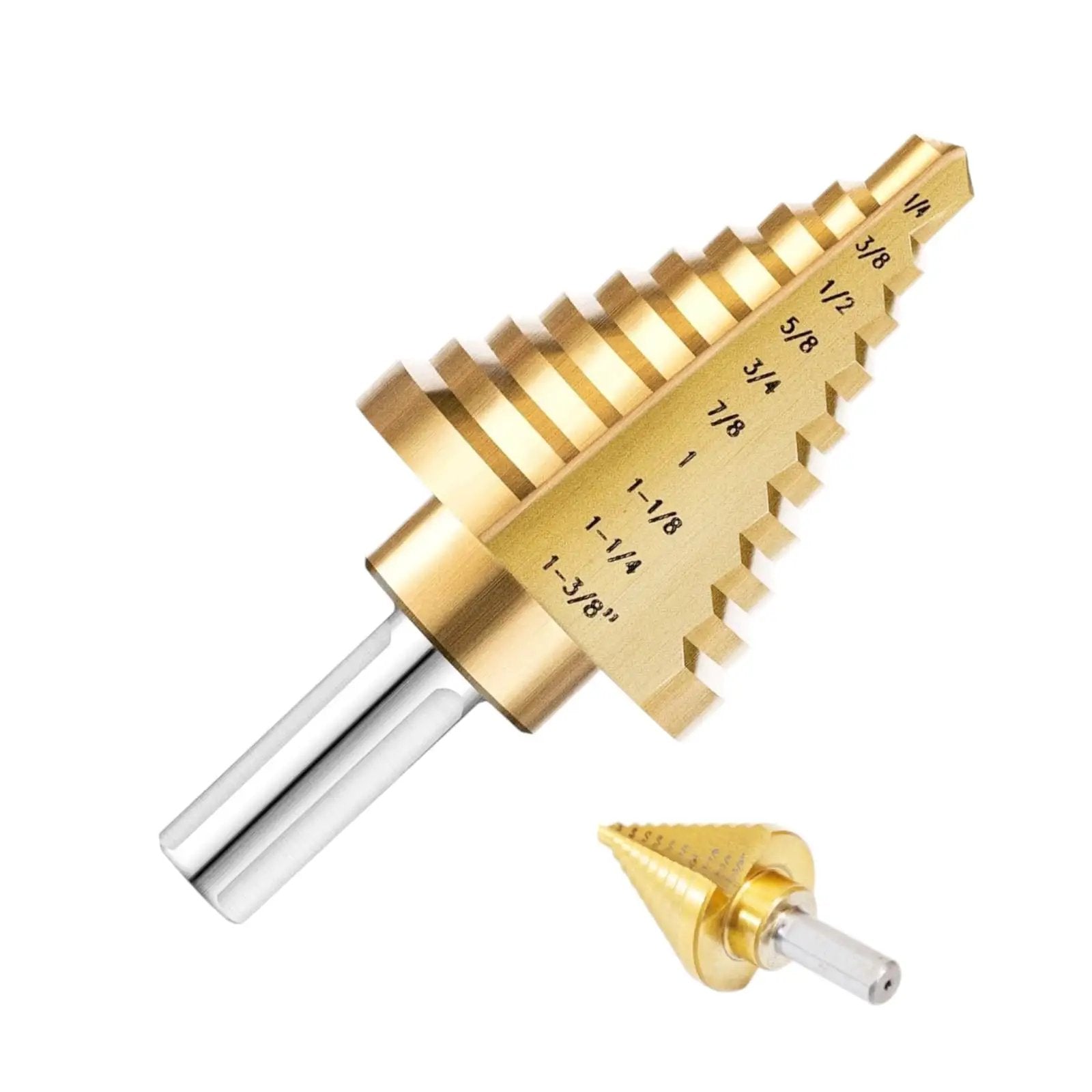 Titanium Coated HSS Step Drill Bit Set With Ten Sizes From One Quarter Inch To One And Three Eighths Inch Self Centering 118 Degree Split Point Dual Flute Unibit For Drilling Metal And Plastic Sheets