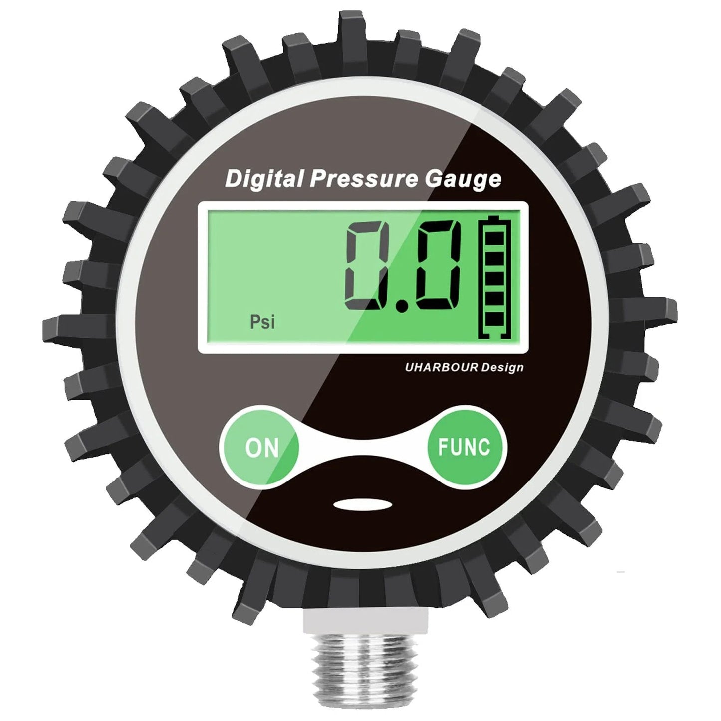 Digital Tire Pressure Gauge For Cars And Bikes With Rubber Protector And Quarter Inch NPT Bottom Connector Five To Two Hundred PSI Backlit LCD Auto Shutoff Battery Powered One Percent Accuracy Uharbour.