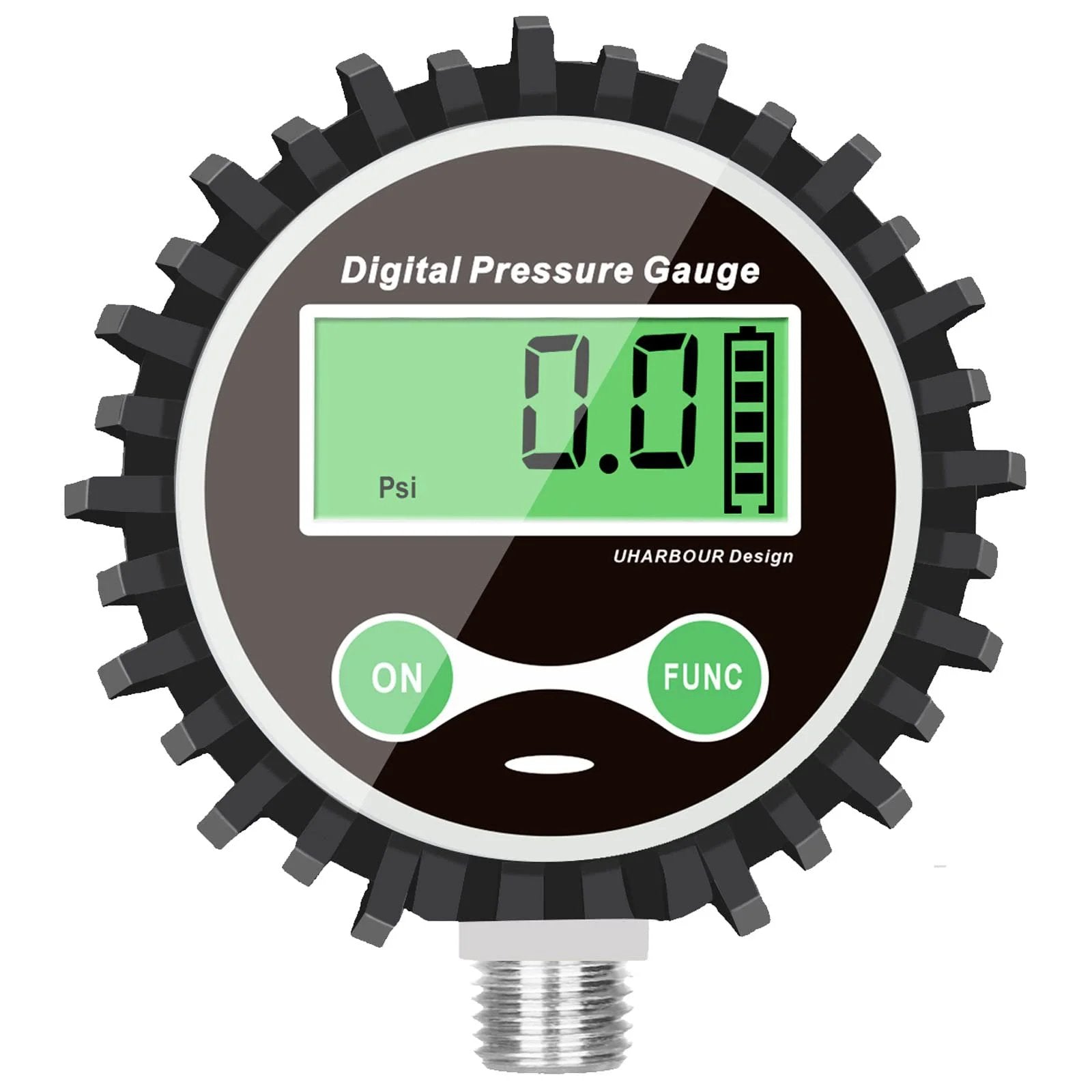Digital Tire Pressure Gauge For Cars And Bikes With Rubber Protector And Quarter Inch NPT Bottom Connector Five To Two Hundred PSI Backlit LCD Auto Shutoff Battery Powered One Percent Accuracy Uharbour.