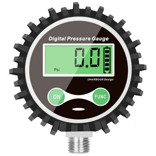 Digital Tire Pressure Gauge For Cars And Bikes With Rubber Protector And Quarter Inch NPT Bottom Connector Five To Two Hundred PSI Backlit LCD Auto Shutoff Battery Powered One Percent Accuracy Uharbour.