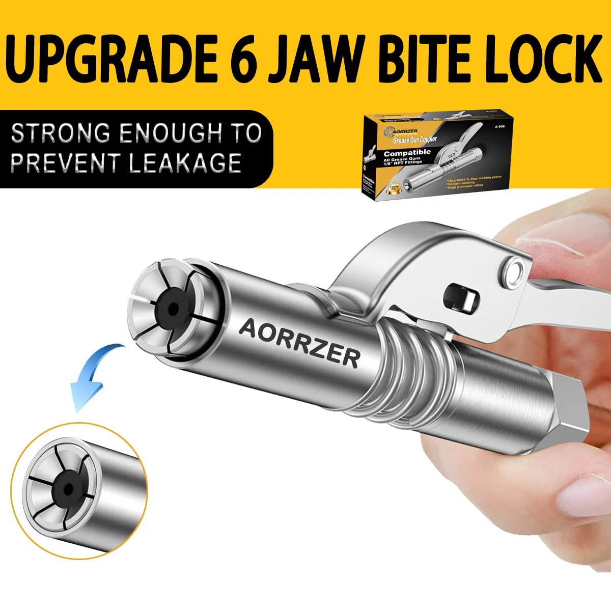 Close-up of Upgrade 2 Pack Lock On Grease Gun Couplers for Twelve Thousand PSI High Pressure Quick Release with Six Jaw Design.