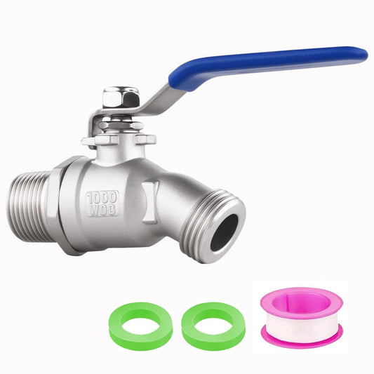 Heavy Duty 304 Stainless Steel Hose Bibb Outdoor Faucet Three Quarter Inch NPT To Three Quarter Inch GHT Male Threads Lead Free Compliant Full Flow 14mm Valve For Gardens And Patios Boiler Drain with blue handle and sealing tape.