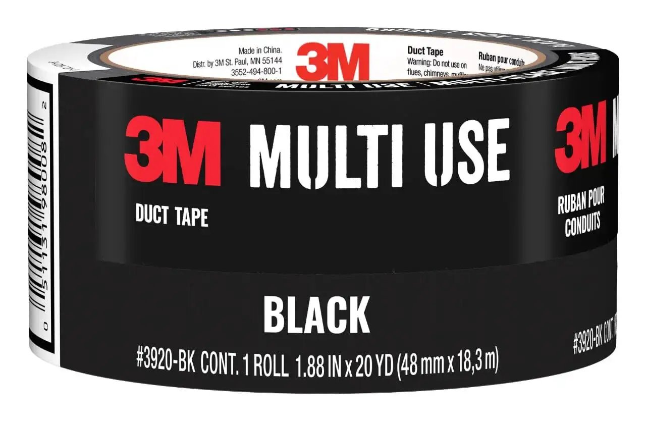 Black Duct Tape 1.88 Inch By 20 Yard Roll For Indoor And Outdoor Use, side view showing label and branding.