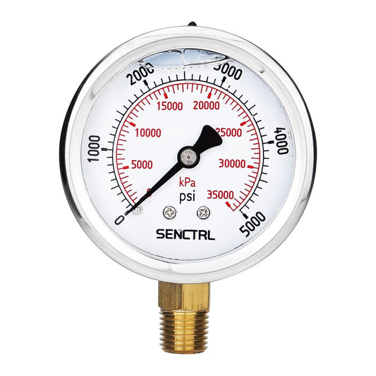 Glycerin Filled Hydraulic Pressure Gauge 5000 Psi With 2.5 Inch Dial, 1/4 Inch NPT Lower Mount, Stainless Steel Case, front view