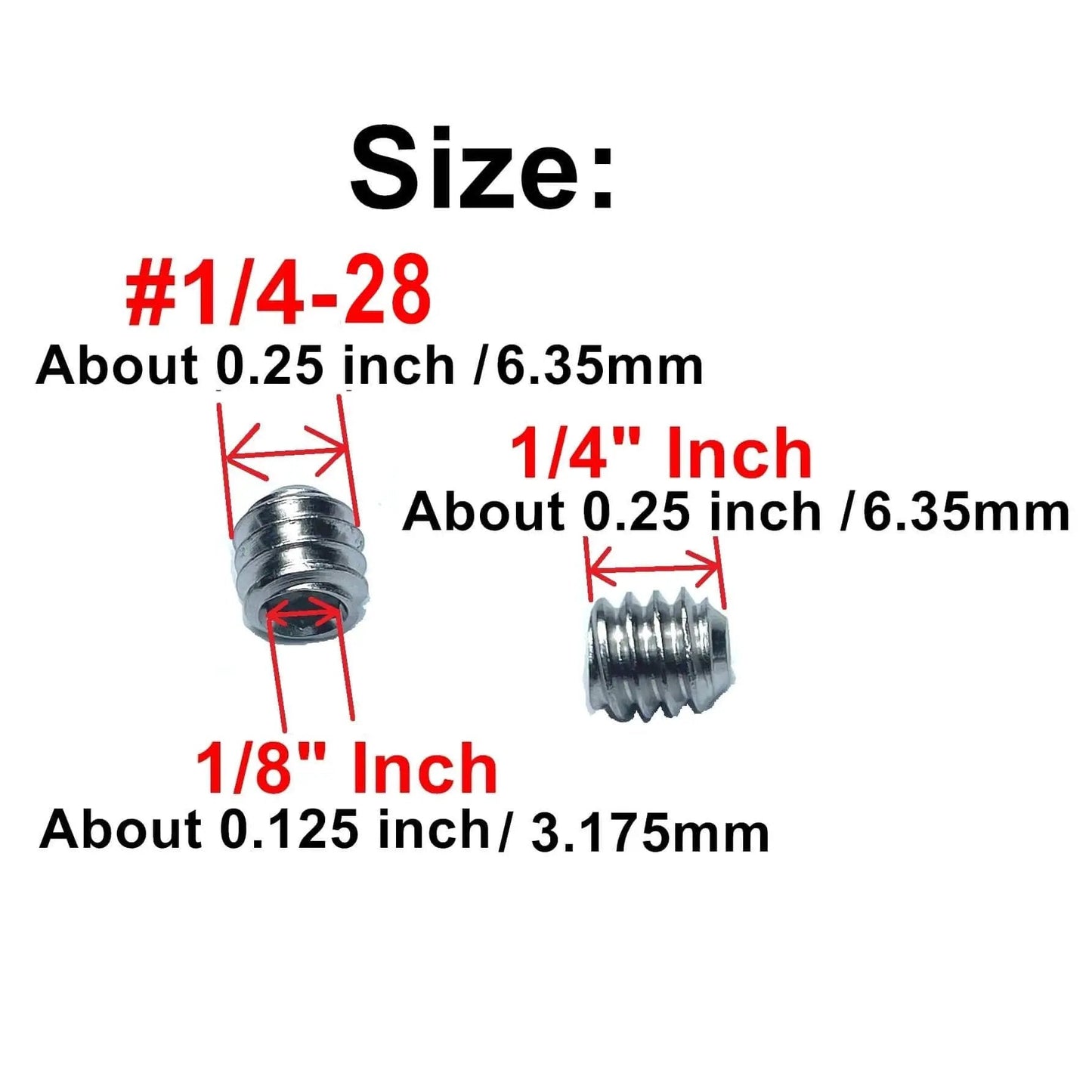 60 Piece 1/4-28 Stainless Steel Hex Socket Set Screws With 1/8 Inch Allen Wrench 304 Grade Grub Screws size dimensions