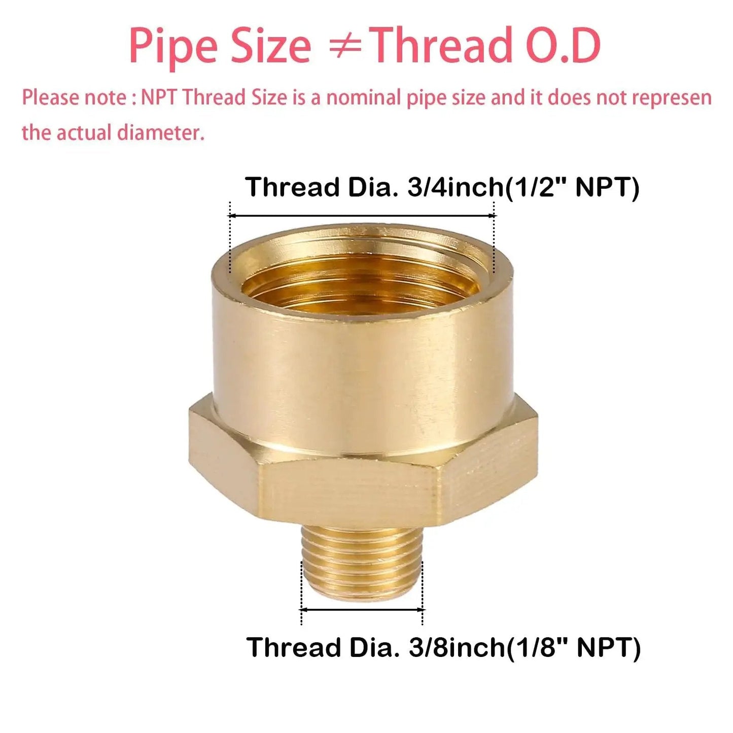 Brass Pipe Fittings Reducer Adapters 1/8 Inch Male To 1/2 Inch Female NPT Hex Bushing with thread size diagram