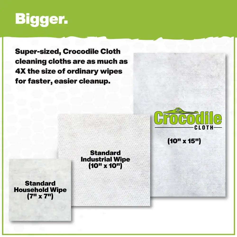 Comparison of Crocodile Cloth and standard wipes, highlighting large 10x15 size as 4X bigger, suitable for Plant Based Grill Cleaning Wipes Aloe And Vitamin E Safe On Surfaces Large 15X10.