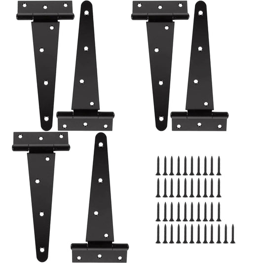 6 Pack 8 Inch T Strap Hinges Heavy Duty Shed Door Hinges Gate Strap Black Tee Hinge for Wooden Fences Yard Barn Doors Gates