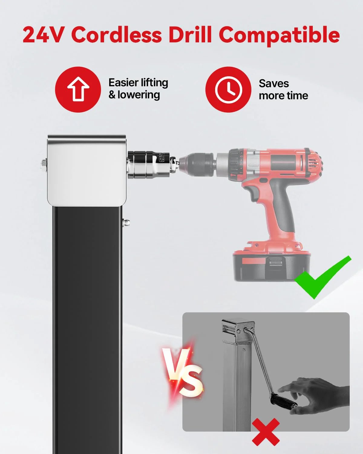 Beefy 8000 Lbs Heavy Duty Trailer Jack With 20-24V Cordless Drill Compatibility shown with cordless drill attachment.