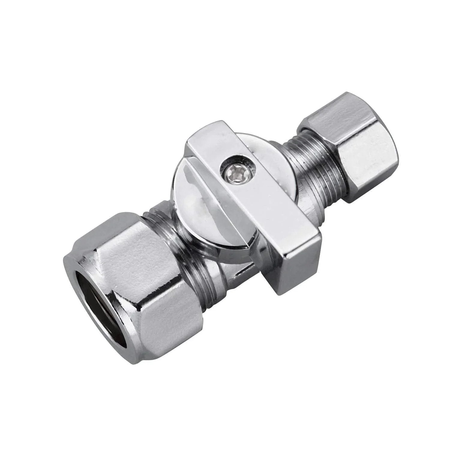 2 Pack Chrome Brass Compression Straight Angle Stop Valves One Half Inch Nominal Inlet Five Eighth Inch OD Compression To Three Eighth Inch OD Compression Quarter Turn Water Shut Off Lead Free