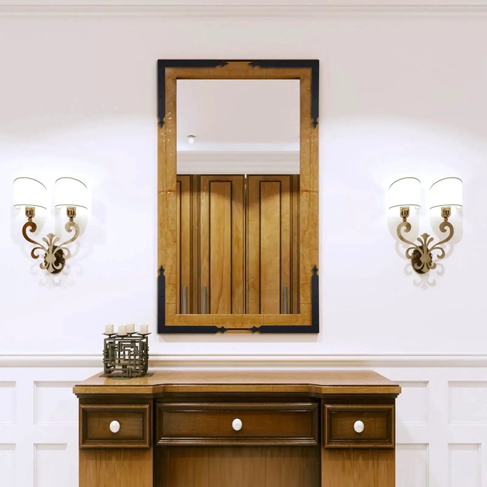 Four Piece L Shaped Corner Brackets Set In Black Carbon Steel For Sliding Barn Doors And Farmhouse Decor used on mirror corners