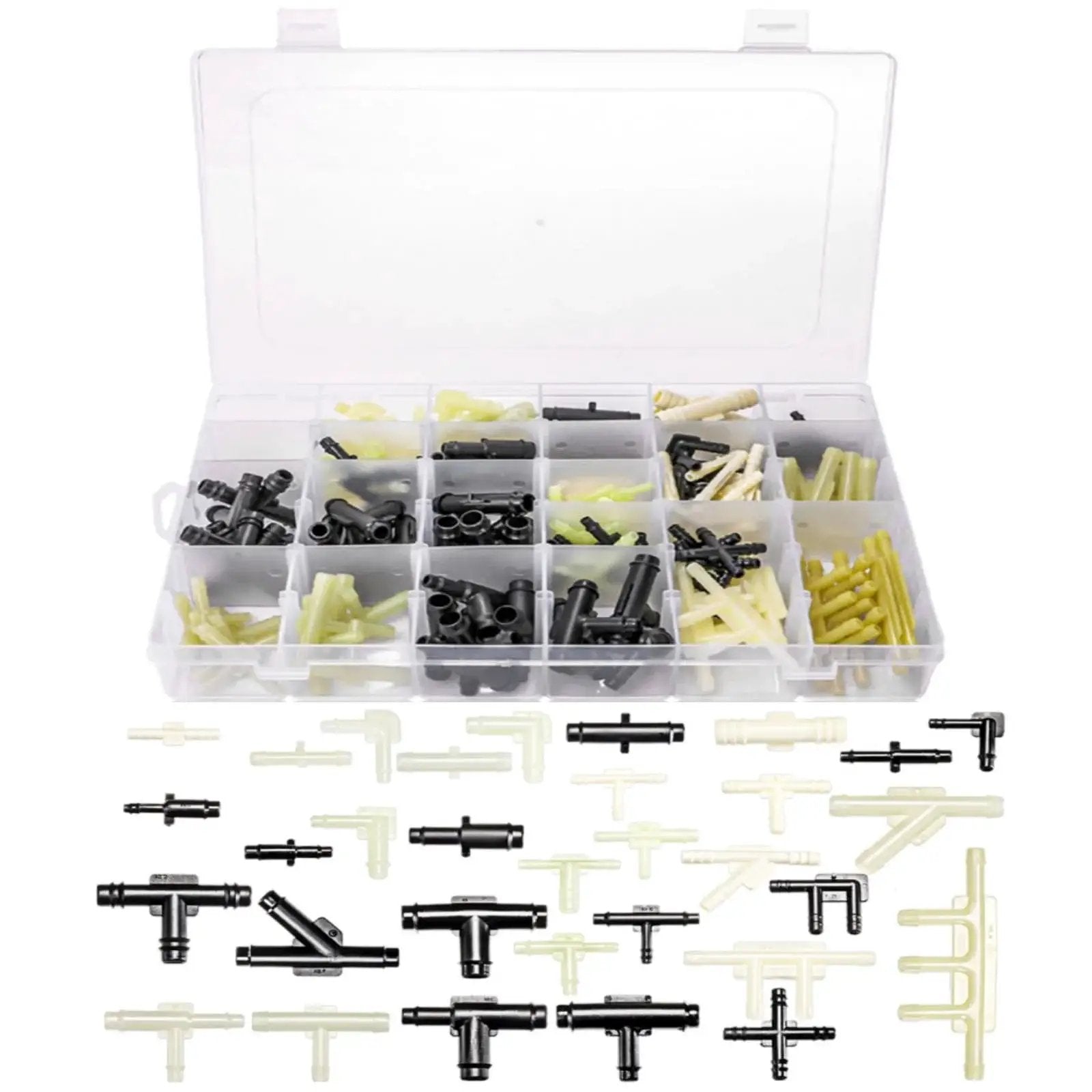 159 Piece Vacuum Connector Kit With 32 Sizes Nylon Fittings in a clear storage case, automotive repair use.