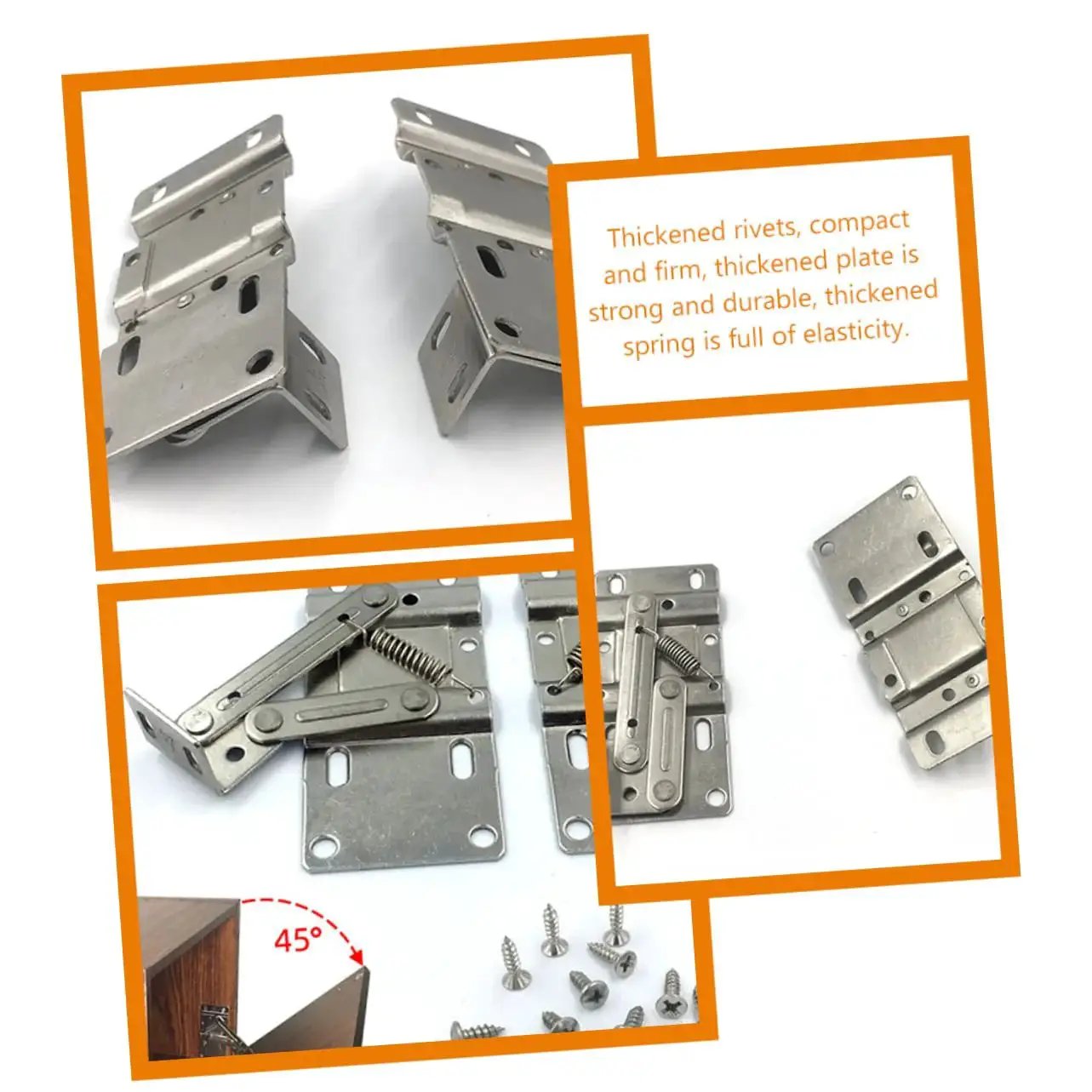 4 Pack Hidden Spring Hinges For Cabinets With Drop Leaf Support, showing metal hinges, screws, and installation illustration.