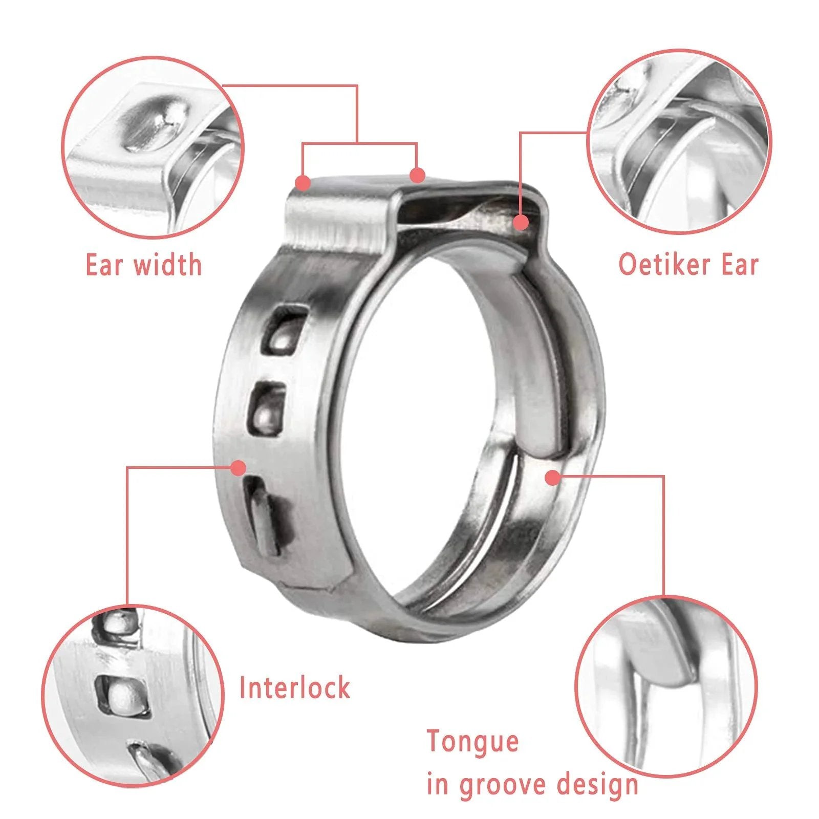 Close-up view of 40 Pack 15.3mm To 18.5mm Single Ear Hose Clamps PEX Cinch Clamps Stainless Steel 304 Crimp Hose Clamp illustrating features.