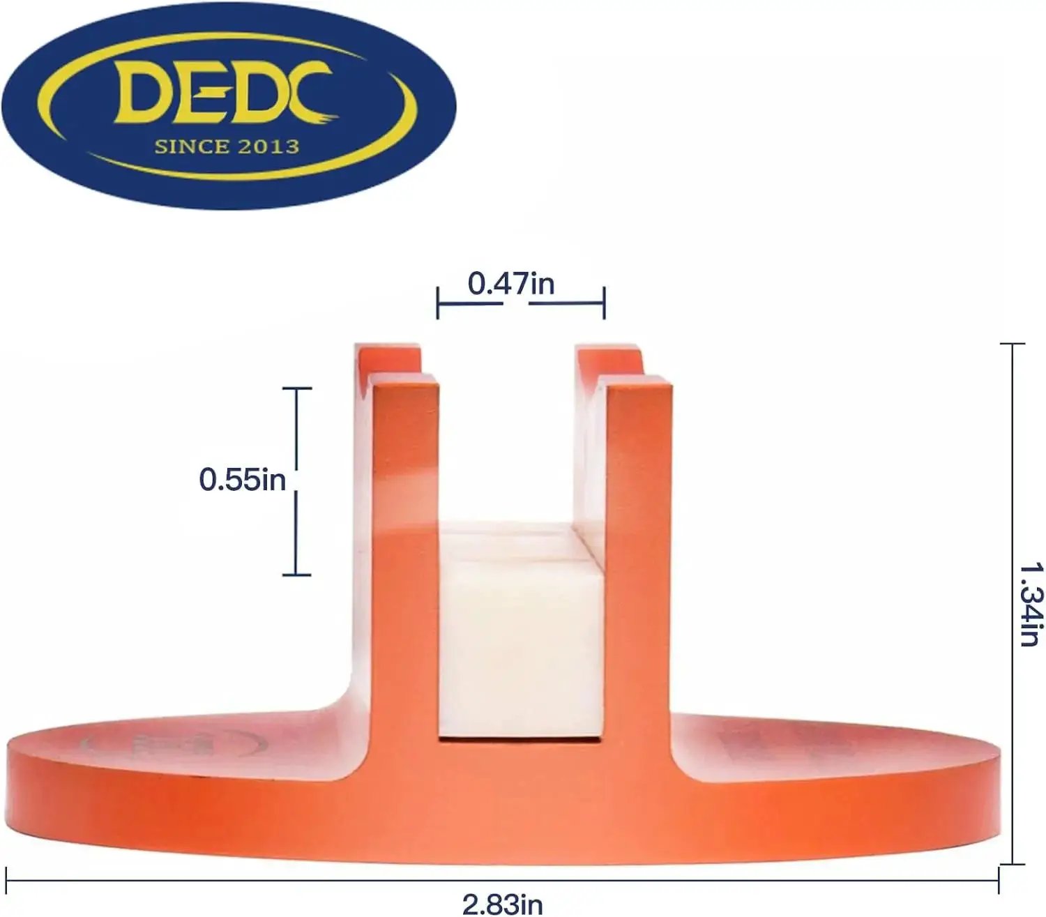 Front view of Aluminum Grooved Magnetic Jack Pad Pinch Weld Frame Rail Adapter For Cars with measurements and DEDC logo.