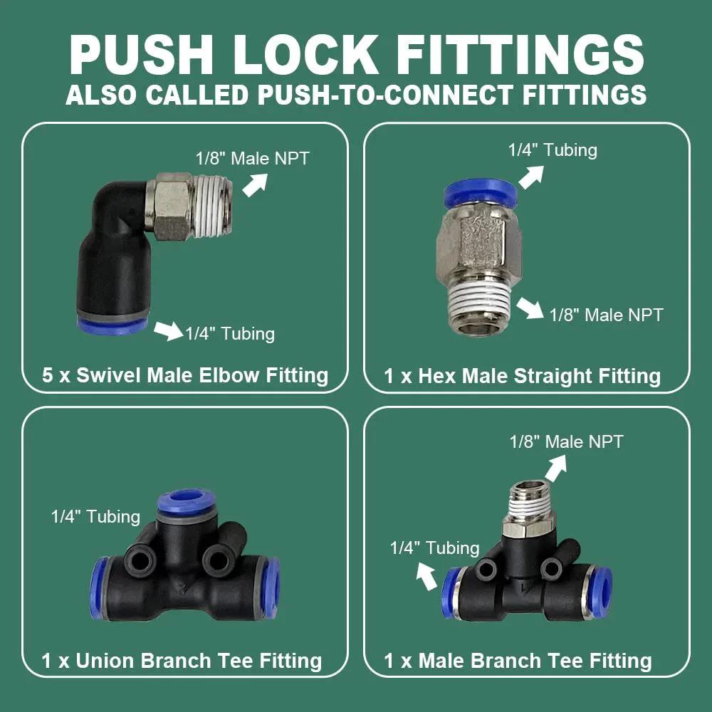Vacuum PU Tubing And Push Lock Fittings Kit One Eighth NPT To One Quarter Inch Tubing for Turbo Cars push-lock fittings guide