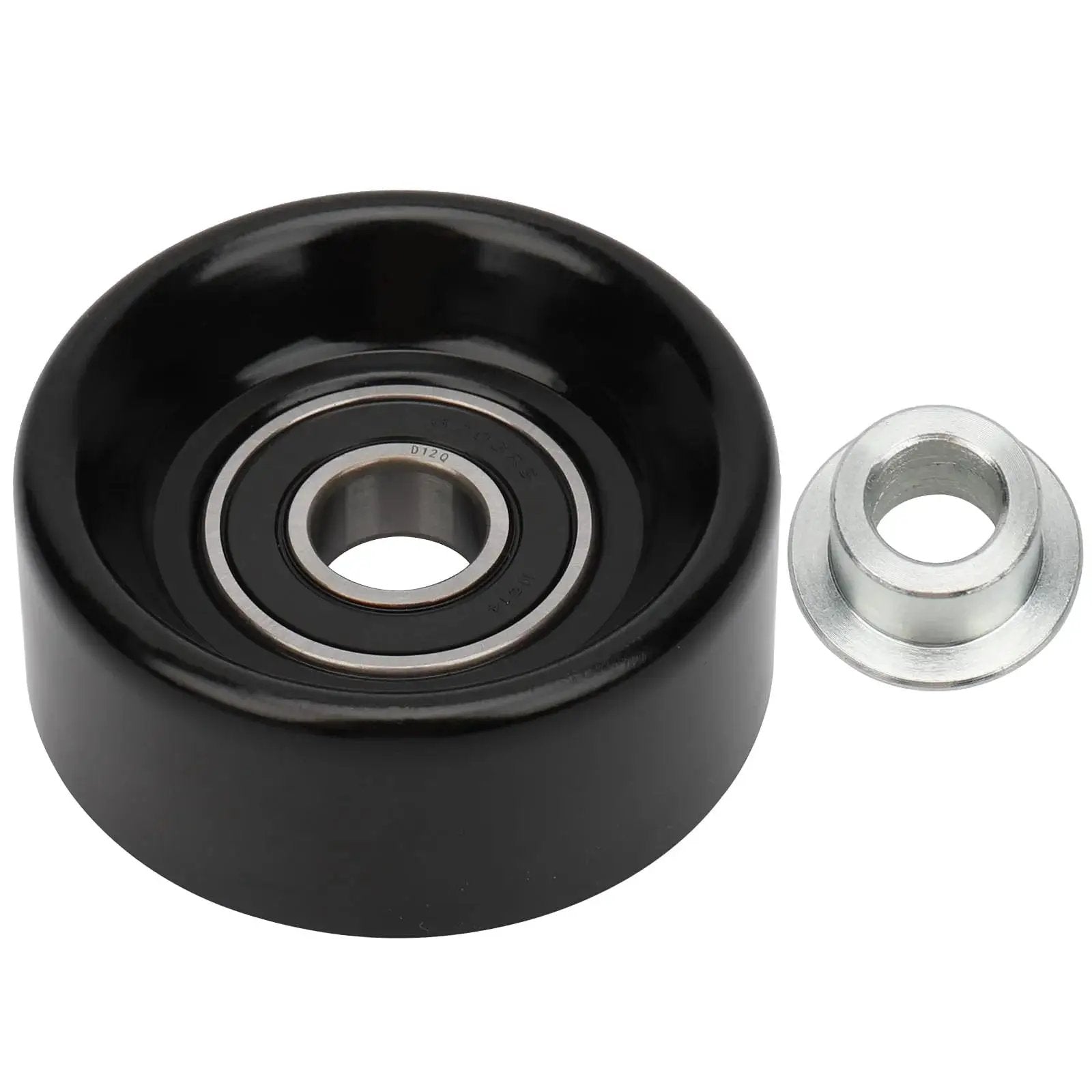 Drive Idler Pulley Replacement For Dodge Grand Caravan Jeep Grand Cherokee Chrysler Town And Country Voyager Pacifica 2.7L 3.3L 3.8L V6 OE Quality Direct Fit For 1997 To 2004 Jeep Grand Cherokee And 2001 To 2007 Dodge Minivan Models, front view close-up with metal bearing and washer.