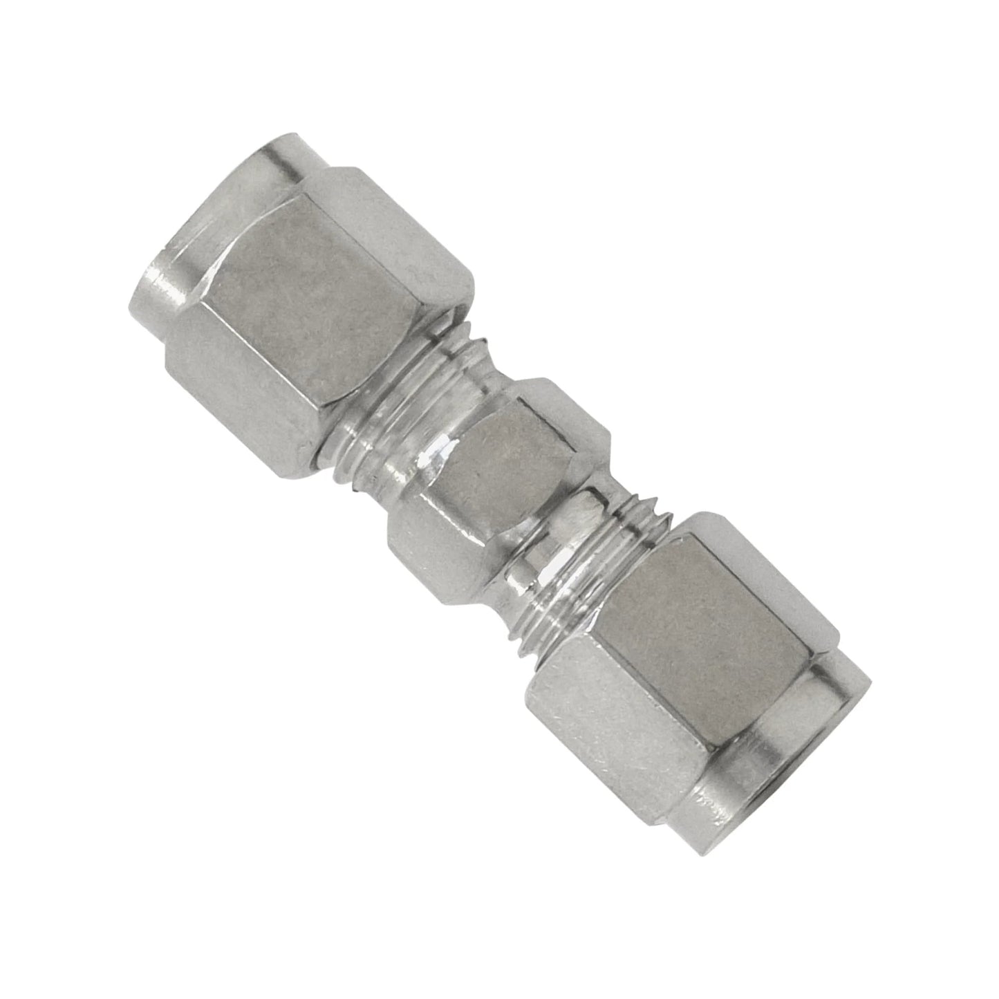 304 Stainless Steel Heavy Duty Compression Union 8mm OD X 8mm OD Tube Fitting, double ferrule, close-up view