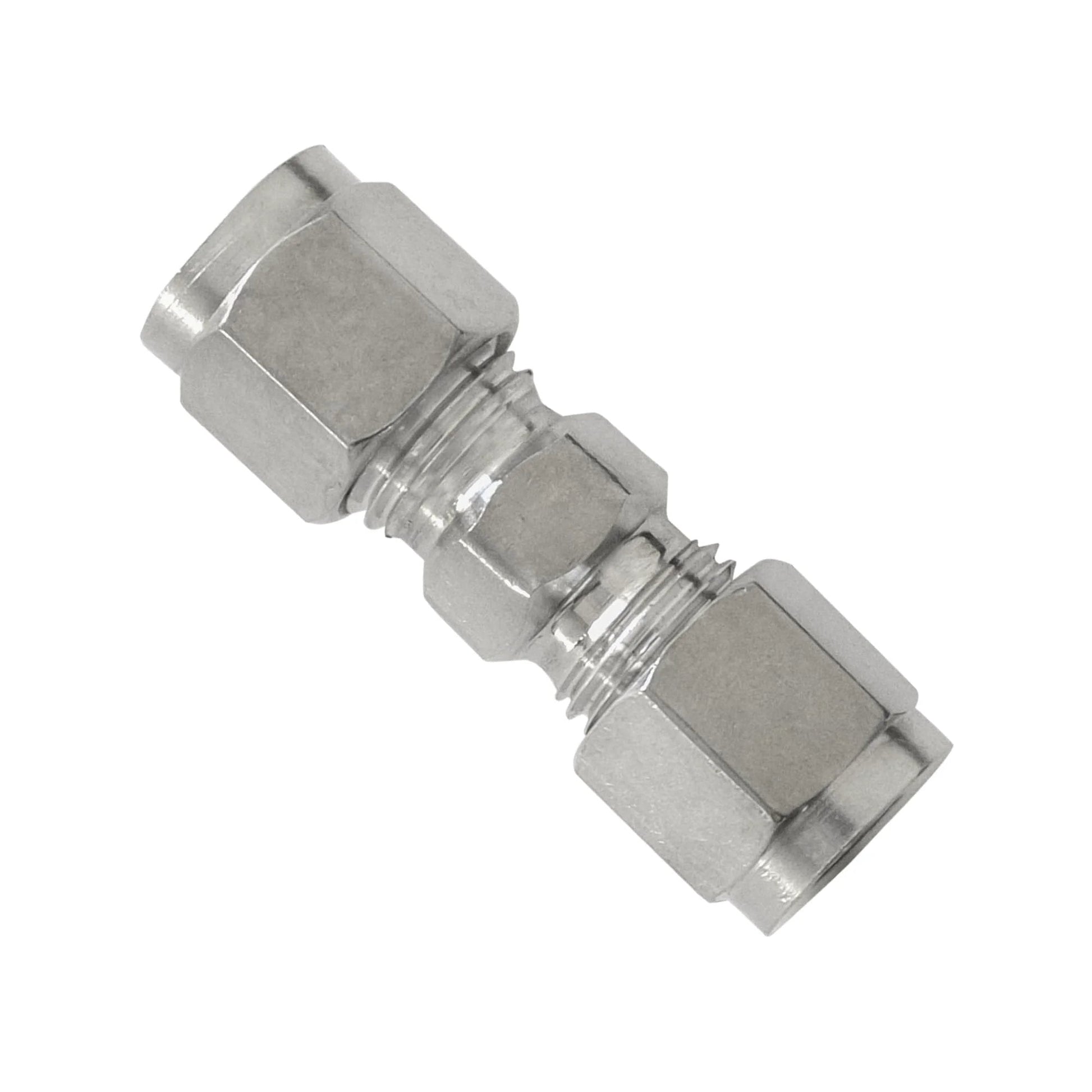 304 Stainless Steel Heavy Duty Compression Union 8mm OD X 8mm OD Tube Fitting, double ferrule, close-up view
