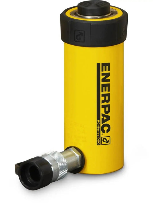 RC102 Single Acting Alloy Steel Cylinder 10 Ton Capacity 2.13 Stroke in yellow round body with black fittings