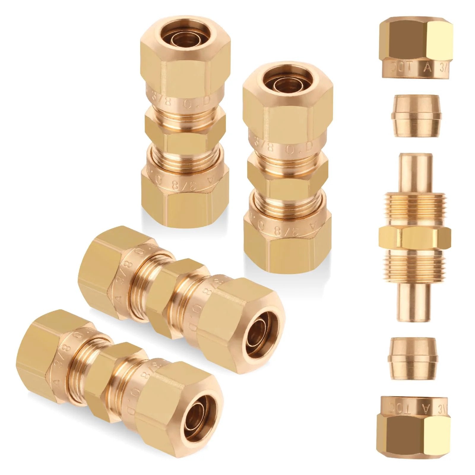 Pro Grade DOT Brass Compression Straight Union Fittings For 3 Eighths Inch Nylon Tubing Air Lines Pack Of Four Ideal For Pneumatic Systems Durable CA360 Brass Corrosion Resistant High Temp Tolerant Built To Last fittings displayed