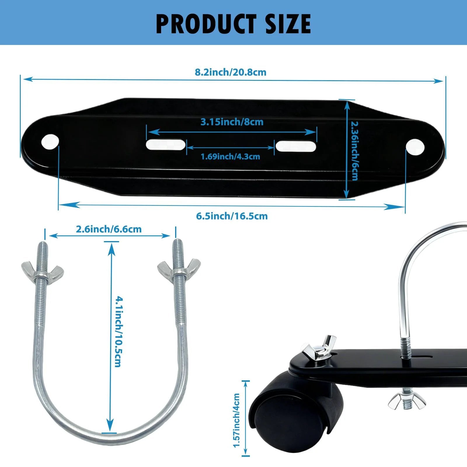 Easy Install Mobile Pulley Bracket Pair Set For Oil Heaters And Oil Filled Radiators With Brake Wheels 360 Degree Swivel Casters Replacement Parts No Tools Needed For Quick Setup, shown with size dimensions and components