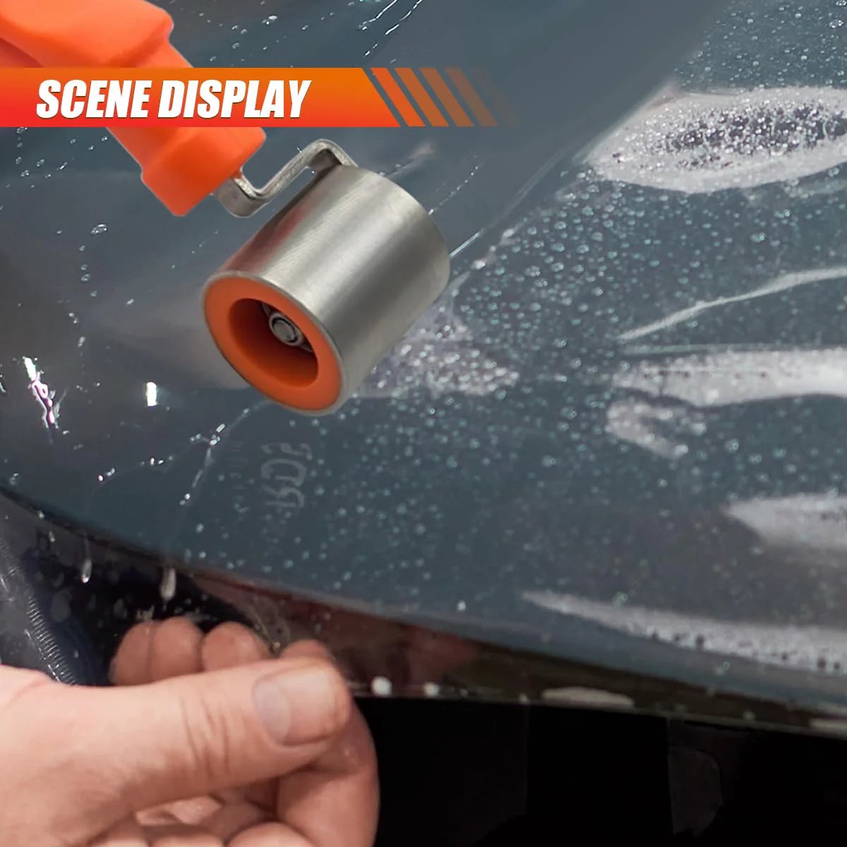 Car Audio Sound Deadening Roller With Anti Slip Handle Stainless Steel Hand Roller Smoothing Tool rolling on surface