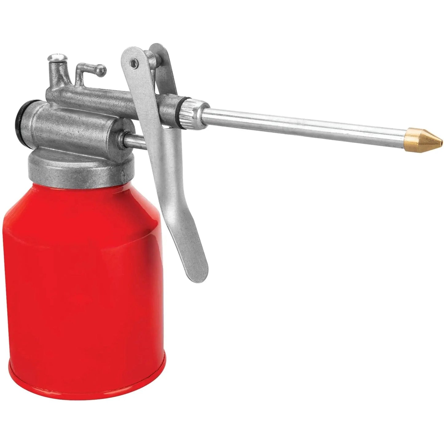 Precision Hand Pump Oiler For Tight Spots Lubrication With An All Metal Trigger And Three Inch Spout Eight Point Five Ounce Capacity For Motor Oil And Non Corrosive Lubricants Performance Tool, showing red container and metal spout.