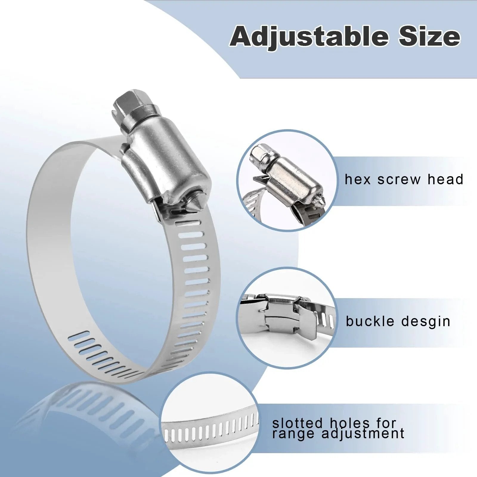 Close-up of 22 Piece Premium Stainless Steel Hose Clamp Assortment Kit For Plumbing And Automotive Use Worm Gear Clamps One Quarter To Two Inches Six To Fifty One Millimeters Versatile Small To Medium Sized Clamps For Home Workshop And Industrial Repairs with adjustable size features.