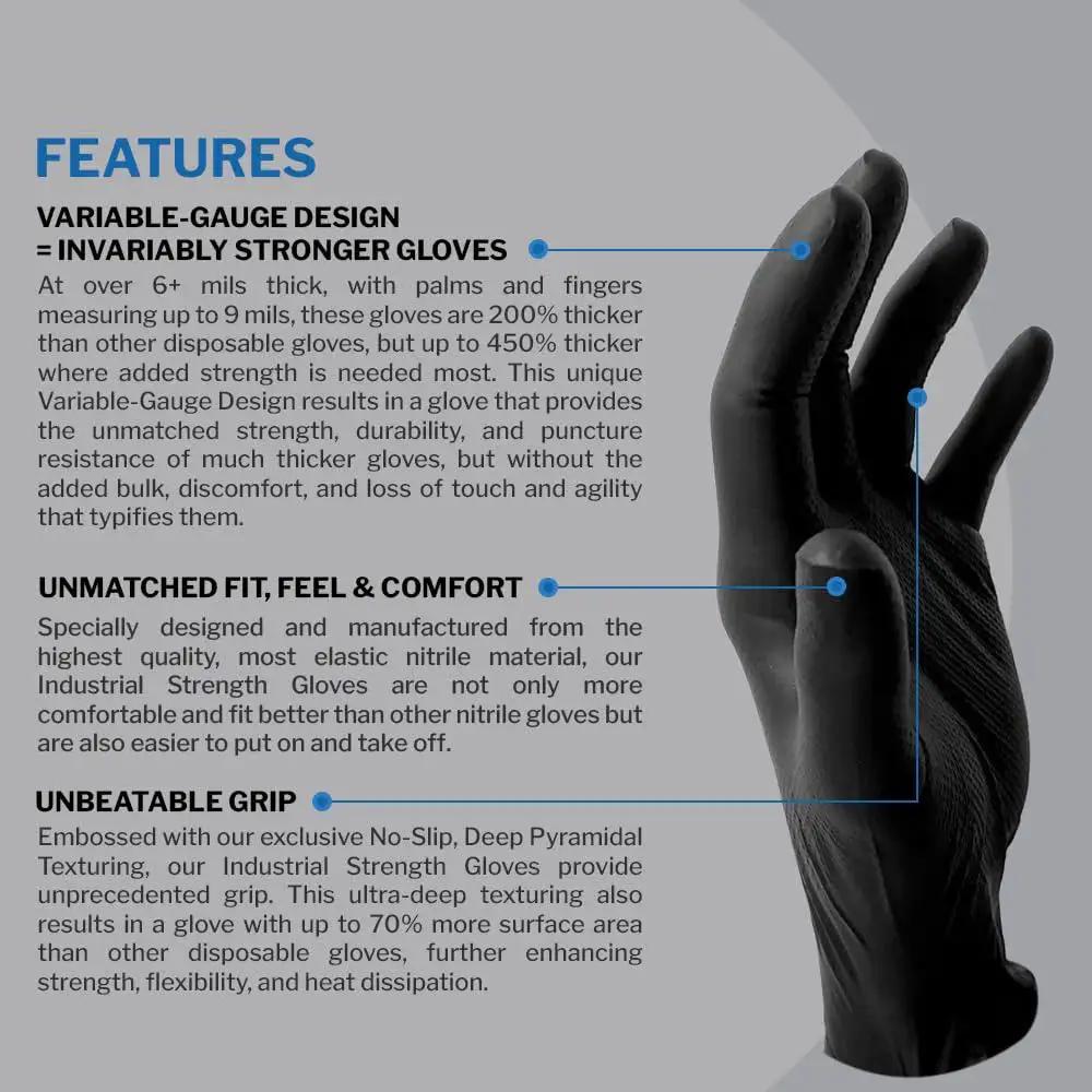 Heavy-Duty Nitrile Disposable Gloves 6 Mil Latex-Free Raised Texture Box 100, detailed glove features and text description