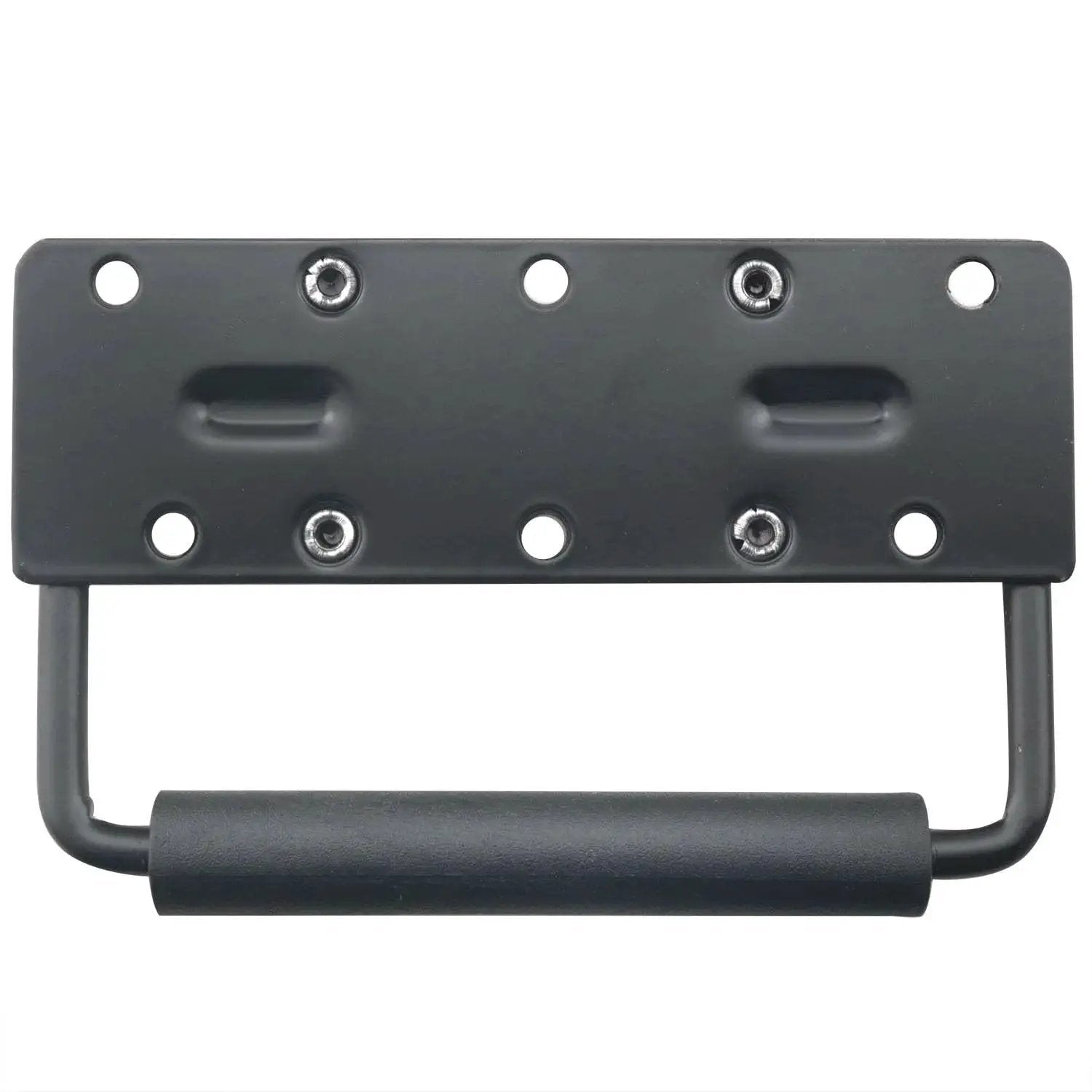 Heavy Duty Folding Spring Handle 125x81mm Black Steel Case Handle for Props Boxes and Tool Boxes, rubberized grip, front view.