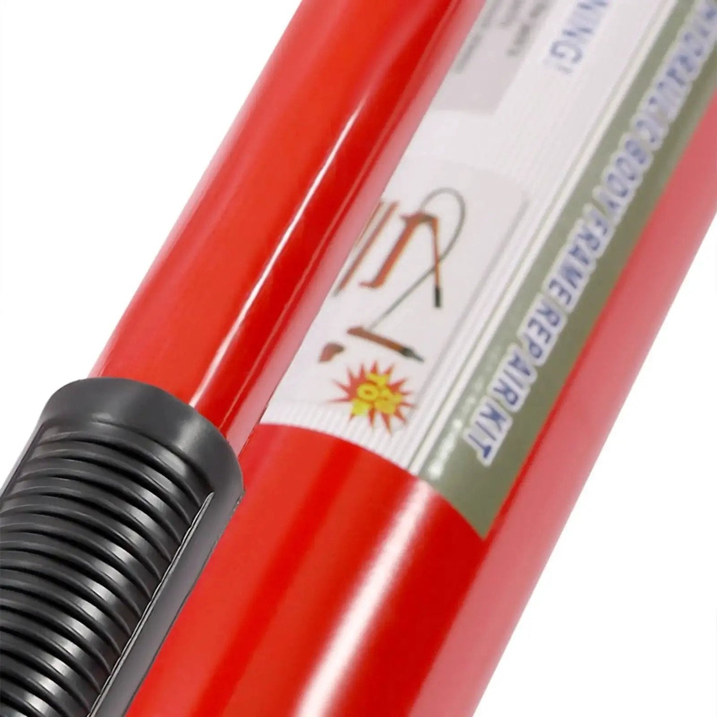 Close-up of 20 Ton Hydraulic Car Jack And Ram Kit For Body Frame Repair With Storage Case, showing red cylinder and black hose.