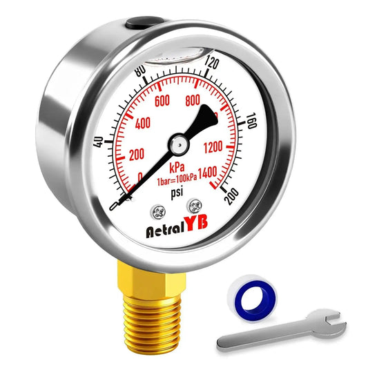 Heavy Duty Water Pressure Gauge 0-200 Psi 2 Inch Waterproof Liquid Filled Stainless Steel Lower Mount 1/4 Inch NPT Dual Scale Gauge For Water Pumps Oil Systems Pneumatic Air And Pool Sand Filters AetralYB