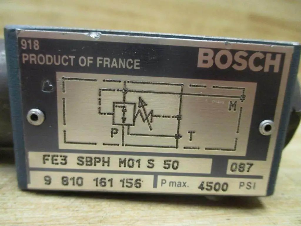Label of Hydraulic Directional Valve FE3 SB PH M01 S50, 9810161156, high-pressure 4500 PSI, M10-1.25 thread details visible