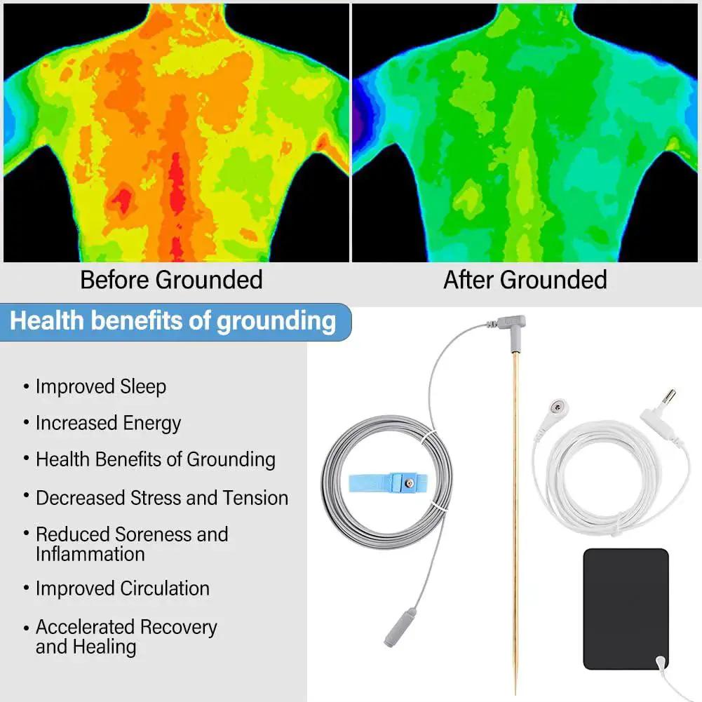 Comparison of body temperature before and after using Copper Grounding Rod With 40ft Wire For Earthing, health benefits listed.