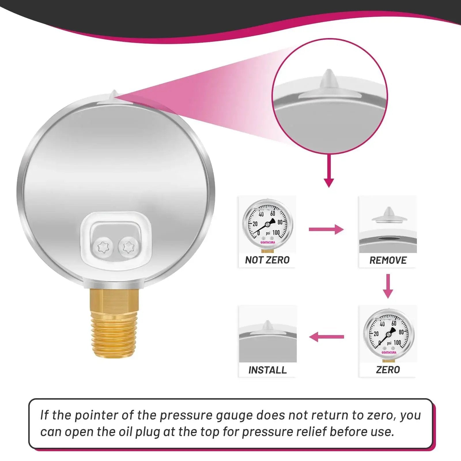 Glycerin Filled Pressure Gauge 0-100 PSI With 2 Inch Dial 304 Stainless Steel Case, showing installation and zero adjustment process.