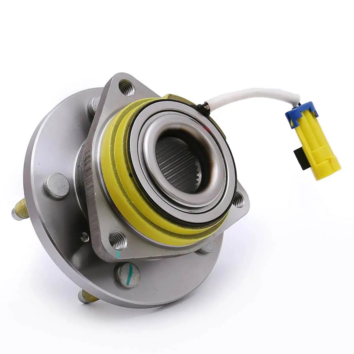 Front Wheel Hub Bearing Assembly Single Unit 513121, 5-Lug with ABS, close-up view of hub with attached ABS sensor wire